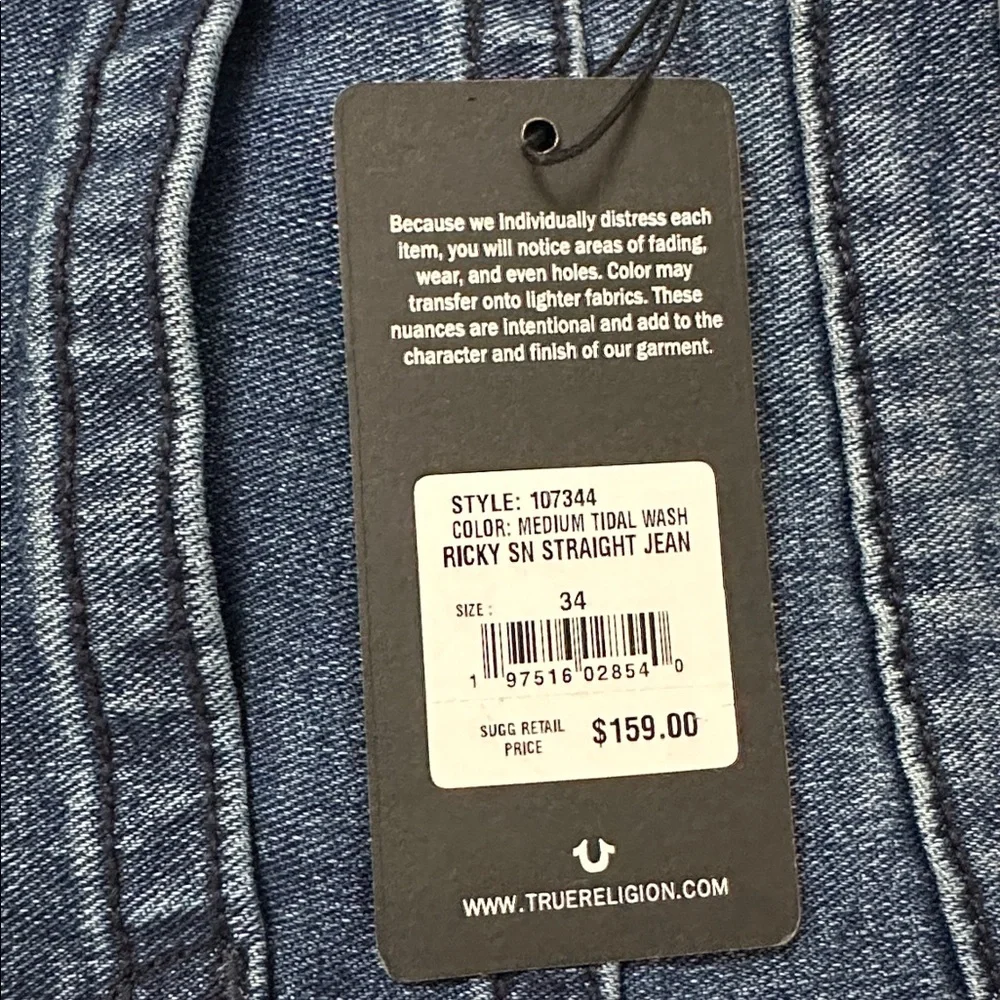 NEW‎ TRUE RELIGION Ricky SN Relaxed Straight Jean Medium Tidal Wash Size 34 x 34